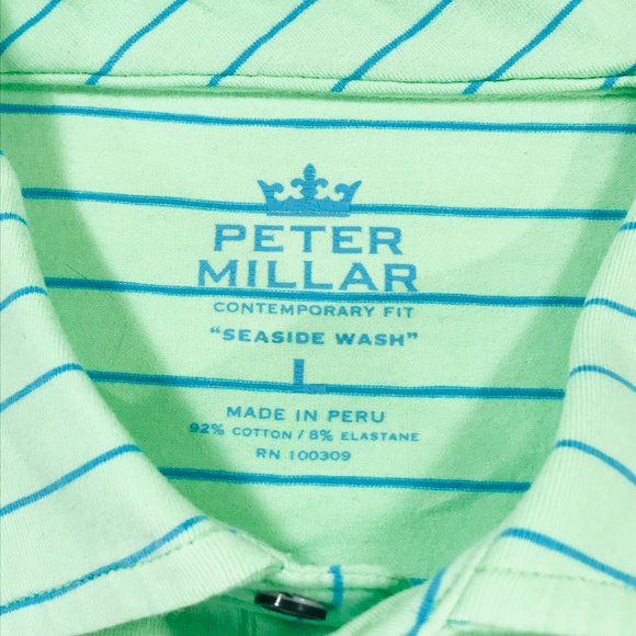 Peter Millar Seaside Wash Polo Shirt S/S Green Blue Striped Men's Size Large - Picture 5 of 11